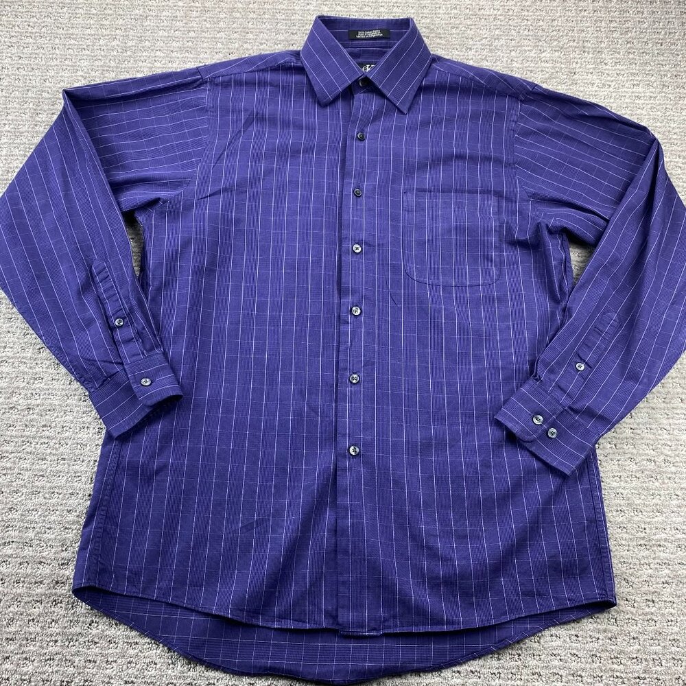 Calvin Klein Formal Shirt Men 15.5 34/35 Purple Checkered Button Up Long Sleeve